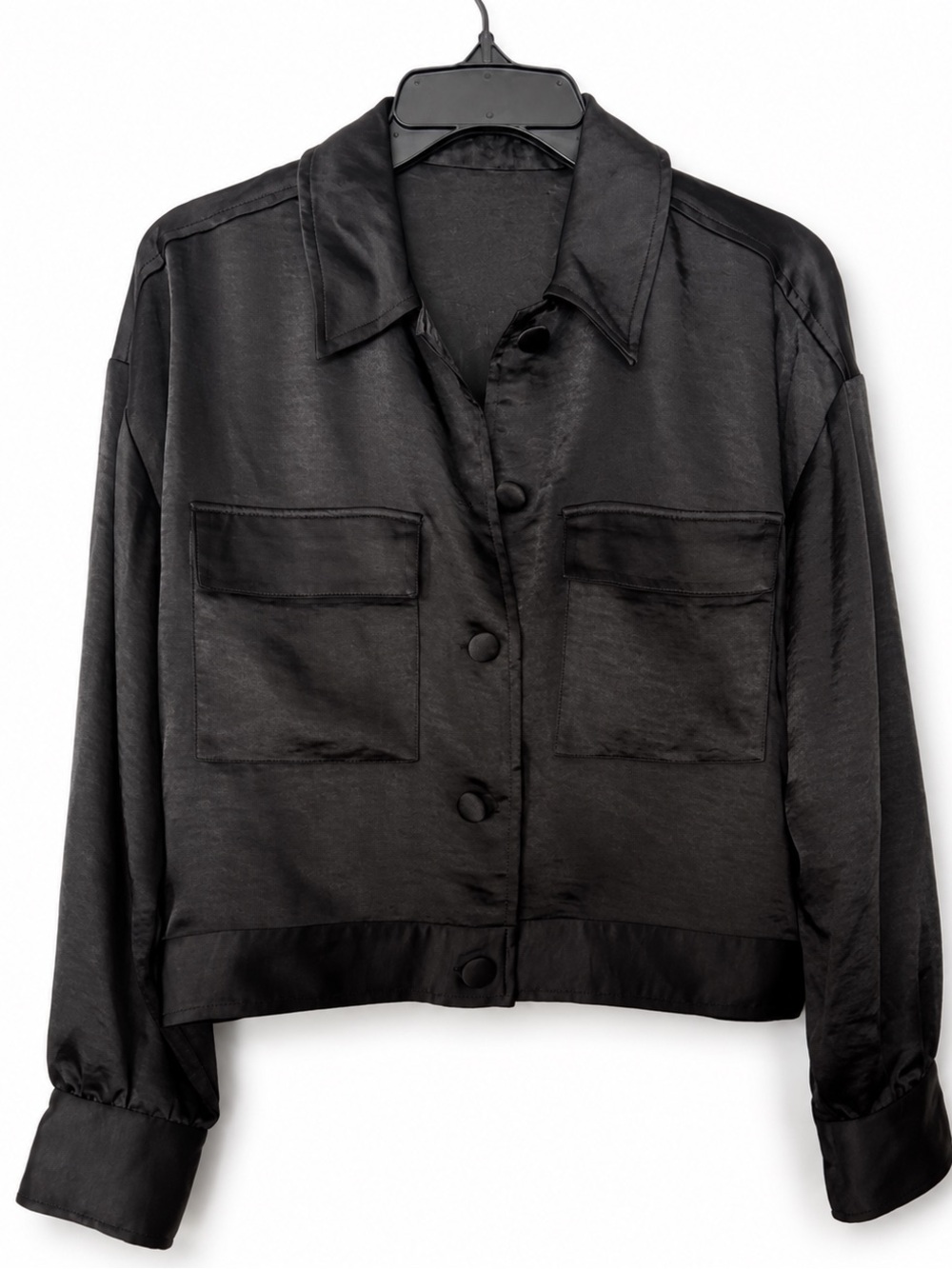 BCBGMAXAZRIA Satin Bomber Jacket Black MEDIUM NWOT Modern Cropped Y2K 90s chic
